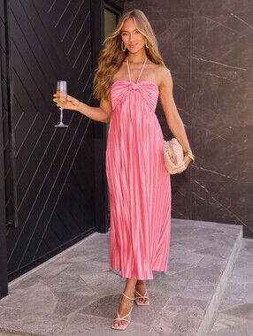 Vici Coral Pleated Tie-Front Maxi Dress